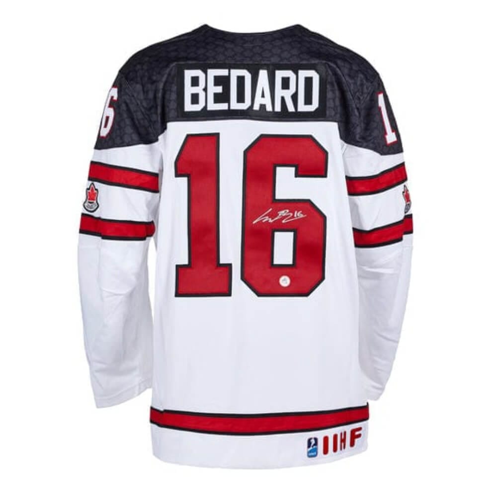 Connor Bedard Autographed Team Canada Jersey in White. Front and back, number 98. Accompanied with Certificate of Authenticity.