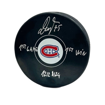 Jakub Dobes Montreal Canadiens Autographed 1st win puck 12/28/24