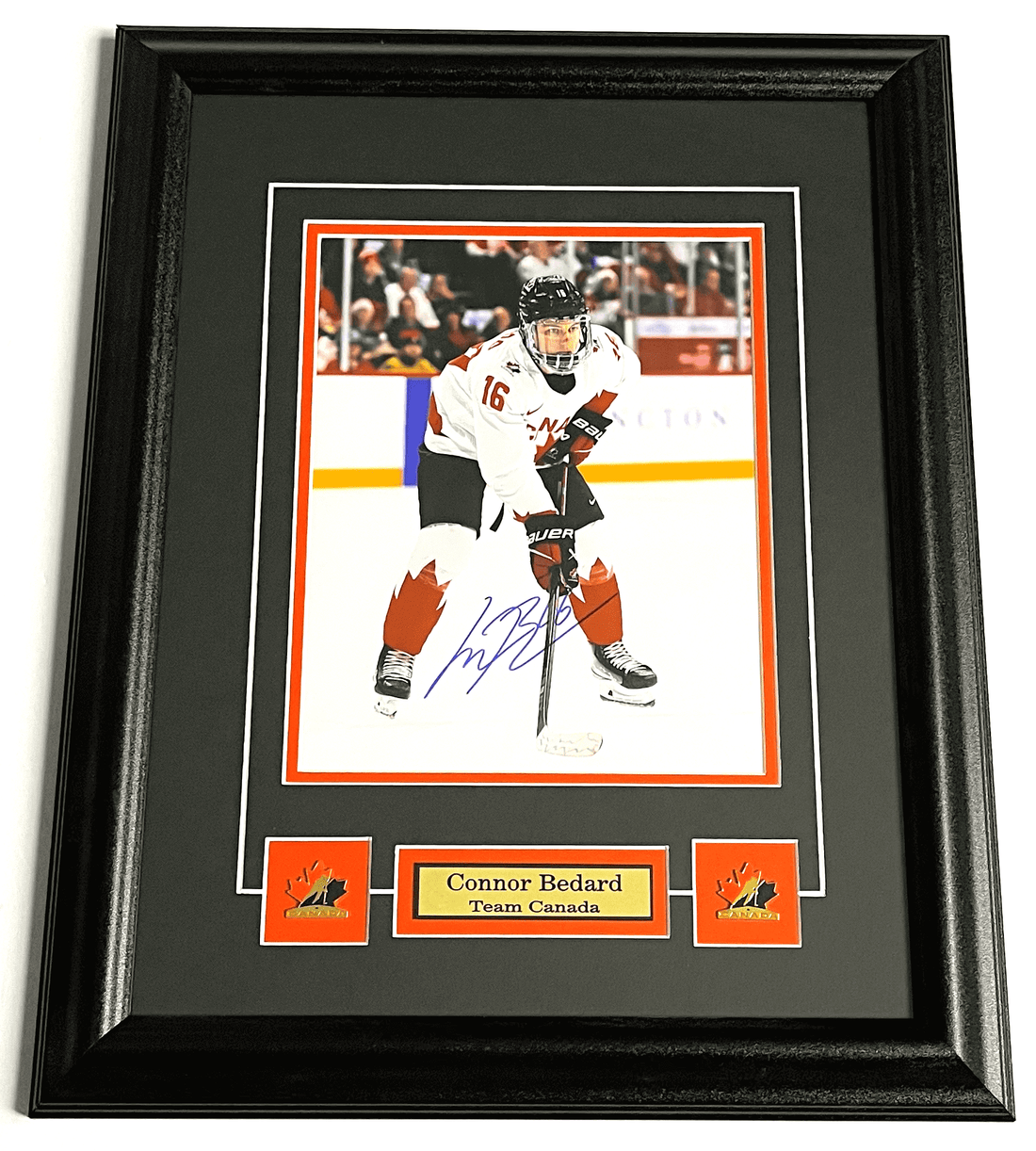 Connor Bedard Autograph Team Canada Framed Hockey Memorabilia. Accompanied with Certificate of Authentication.