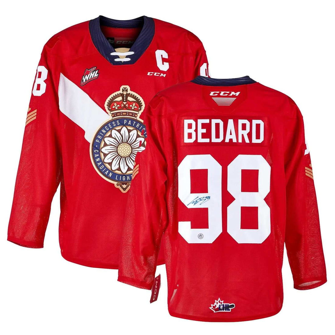 Connor Bedard Autographed Regina Pats 3rd Jersey Red. Front and Back, number 98. Accompanied by Certificate of Authenticity.